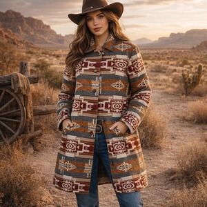 MONTANA CO Long Aztec Coat Western Pockets Southwestern Outdoors Ranch Size 1X